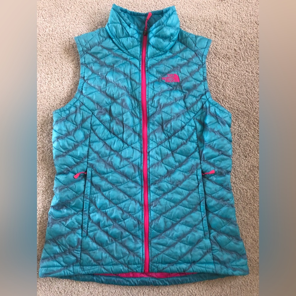 The North Face Teal Quilted Vest with Pink Trim